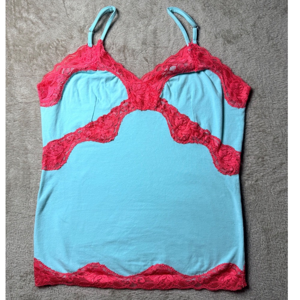 VTG Mary Green Turquoise Pink Lace Trim Cami Top Large Y2K Coquette Soft Girl